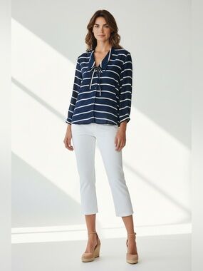 Zara, Navy & White Striped Tie Neck Blouse, 100% Viscose, Size L Lightweight